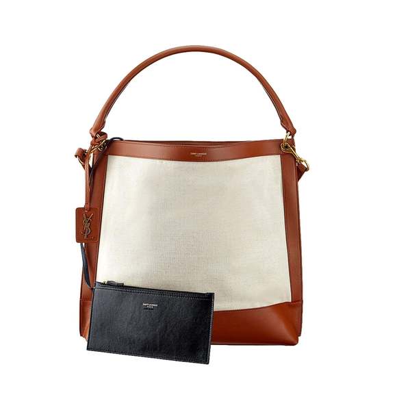 Saint Laurent Monogram Tag Canvas and Brown Leather Trim Hobo - Picture 2 of 9